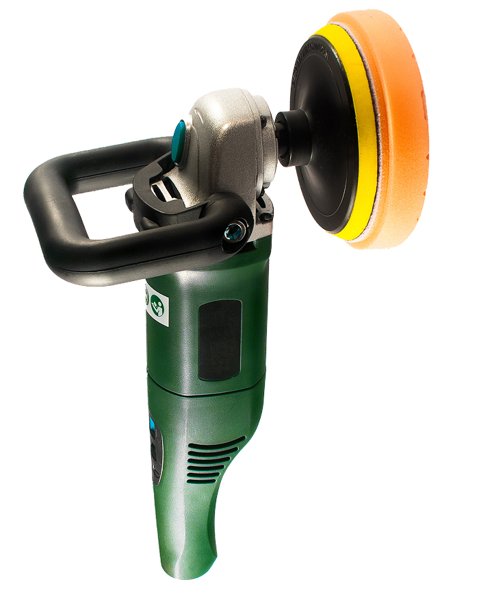 A photo of a green car polisher that could be used for paint correction or ceramic coating at Clean Car Wash and Detail in Fredericksburg, VA.