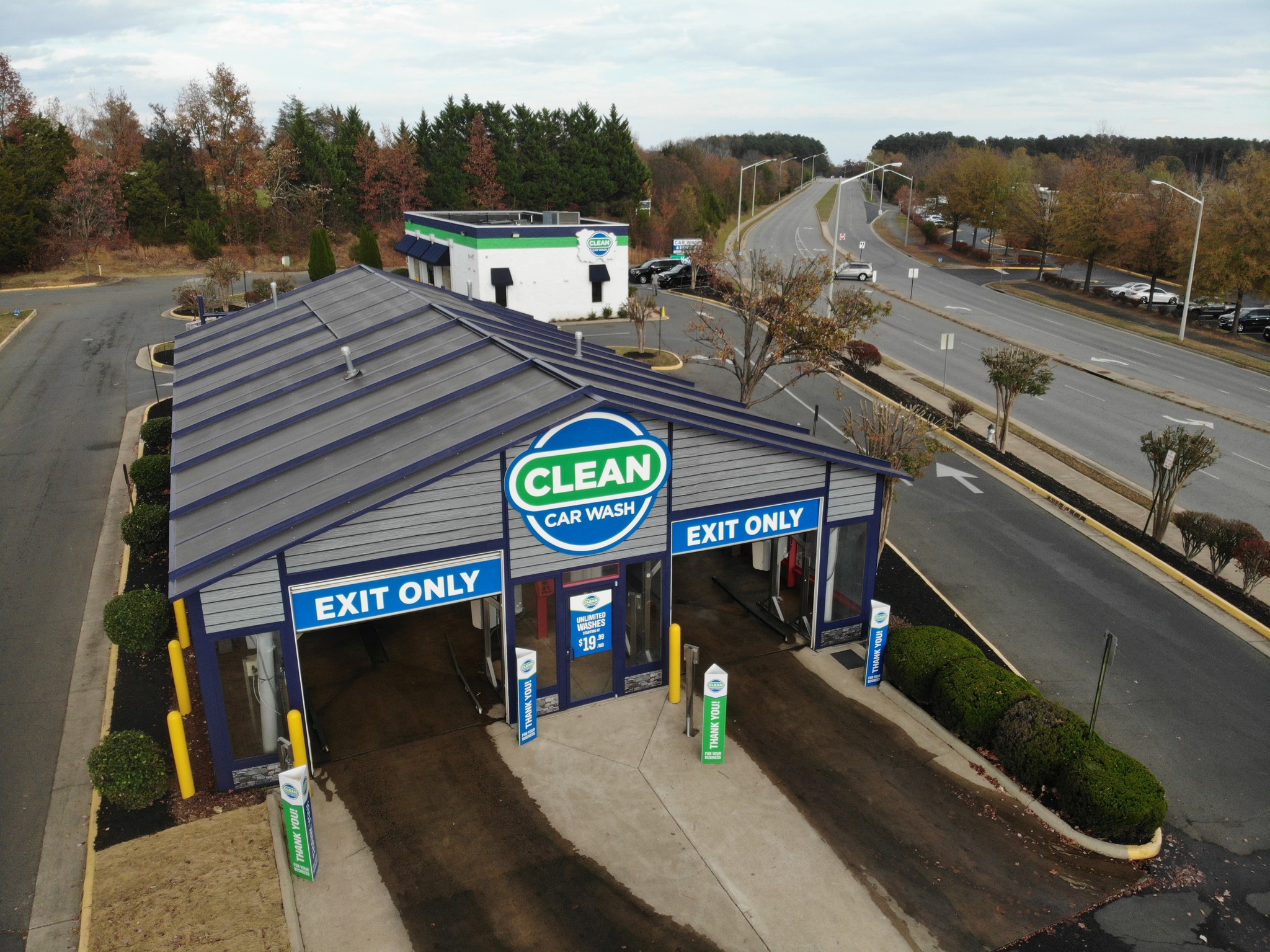 A drone shot of the self-serve in-bay automatic car wash of Clean Car Wash and Detail in Fredericksburg, VA.